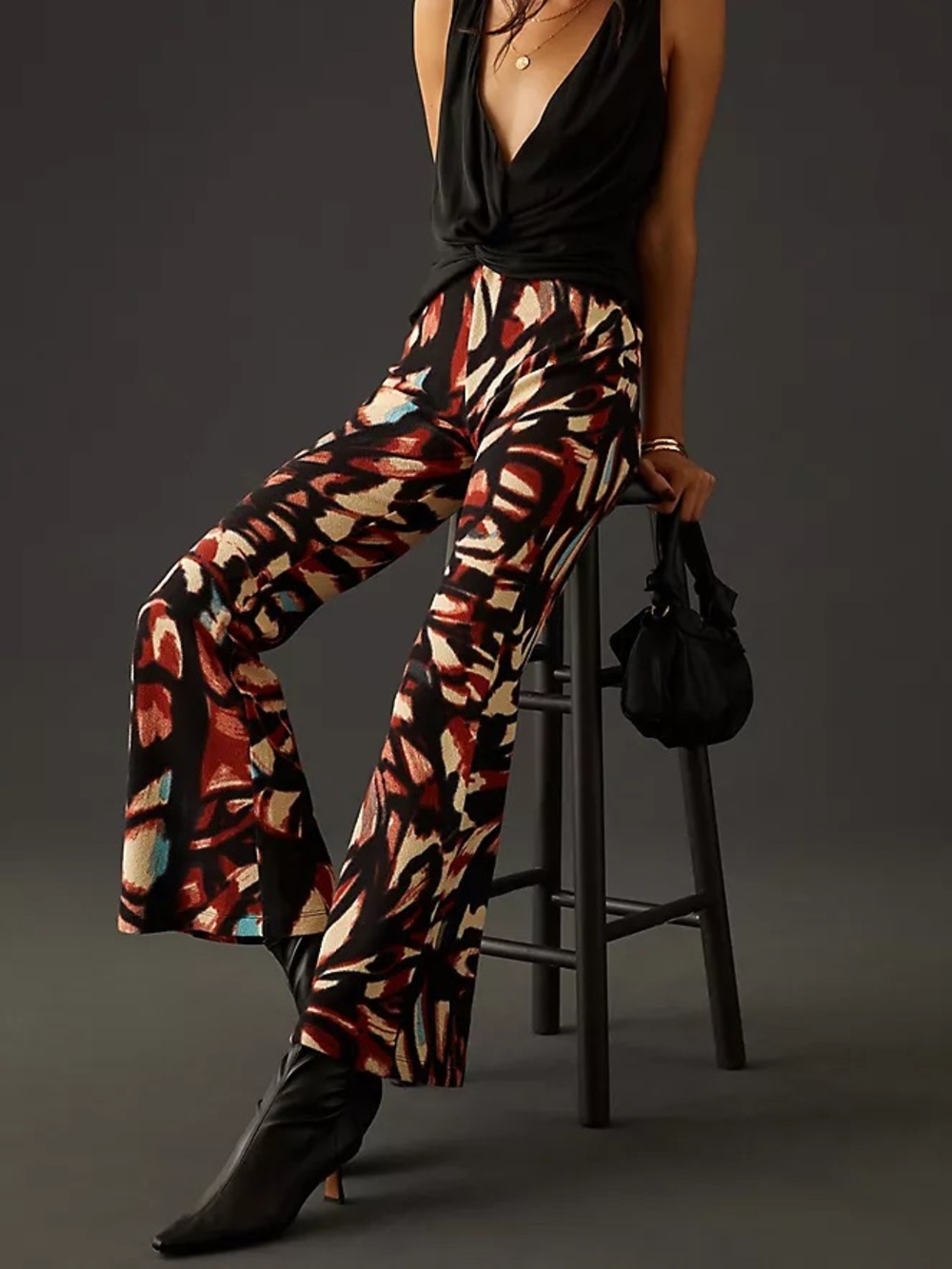 Anthropologie Joni Flare Wide-Leg Pants in Black, Rust & Cream size XS